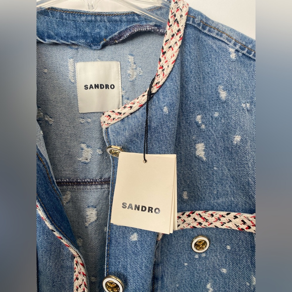 SANDRO Lorette Distressed Short Sleeve Demin Jacket NWT - Picture 5 of 9